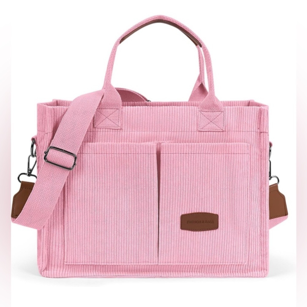 Corduroy Tote Bag - NEW - Pink with Pockets Fashion Crossbody Bag.